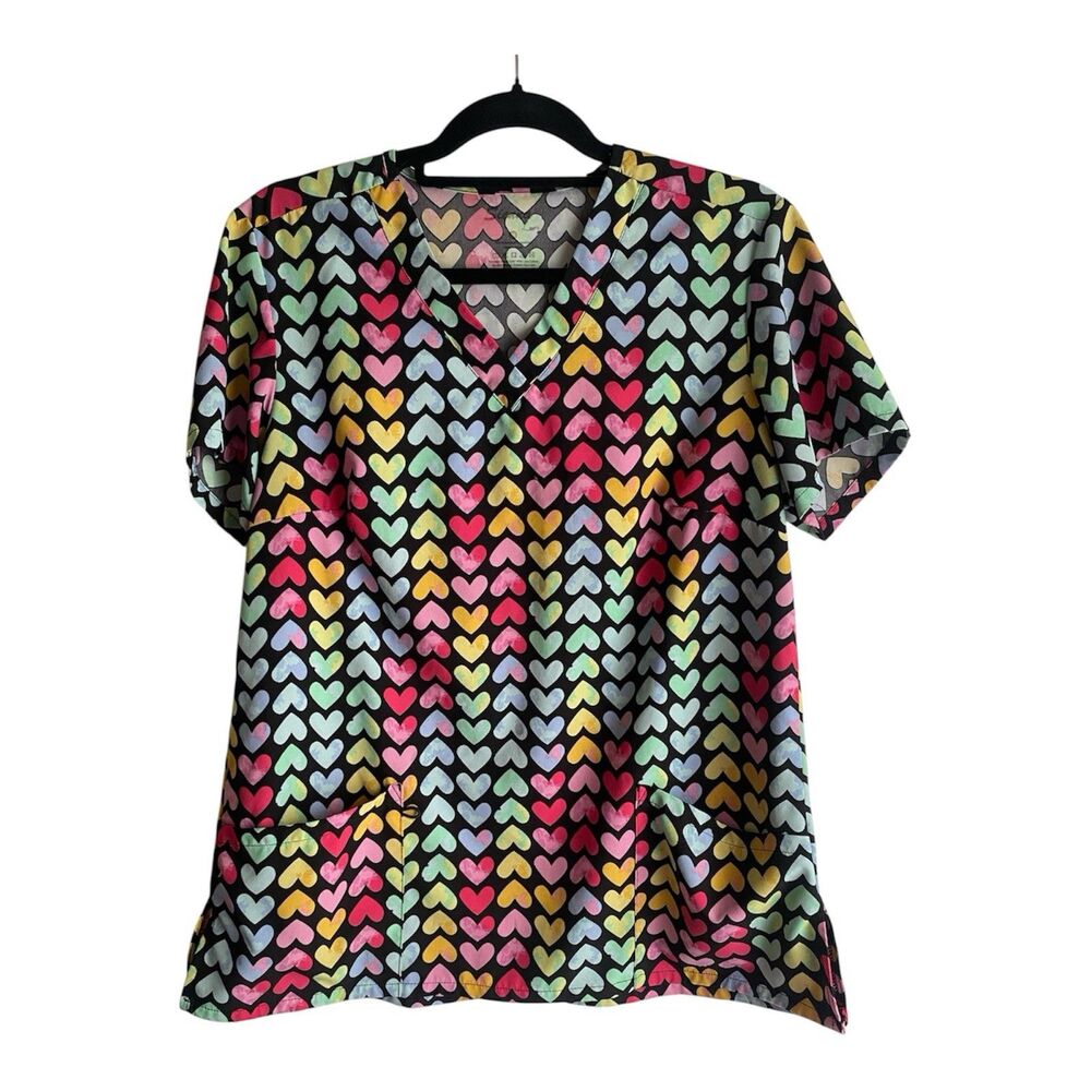 Nursing Scrub Top Uniform Hearts Rainbow Women’s Size Medium V-Neck Pockets EUC